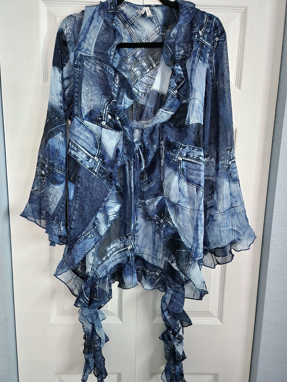 Live 4 Truth Sheer Ruffle Tie-Front Top in Blue Denim Print - S